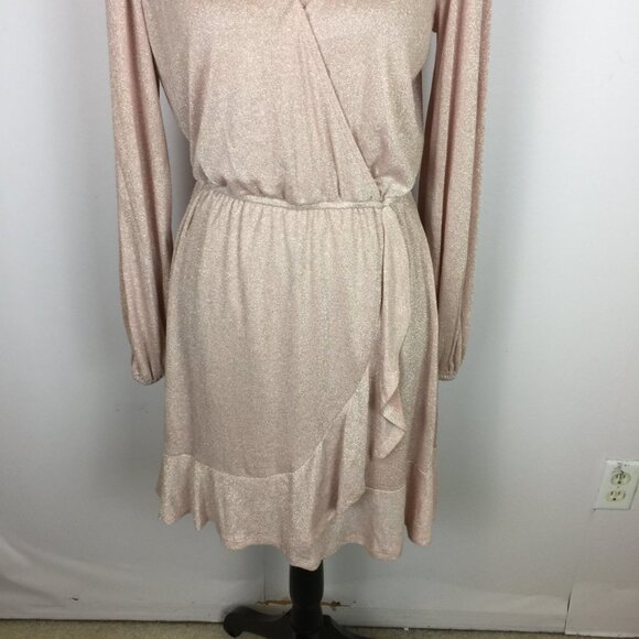 New! LC Lauren Conrad Wrap Dress S Woman Pink Metallic Knit Long Sleeve Ruffle - Picture 13 of 15